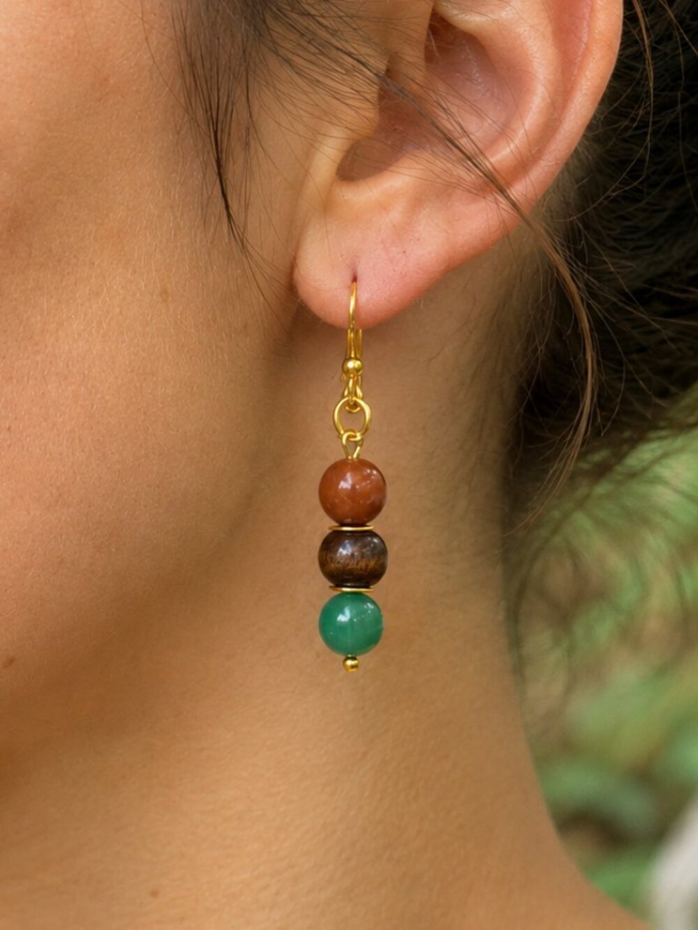Green Glass, Brown Agate & Wood Dangle Earrings